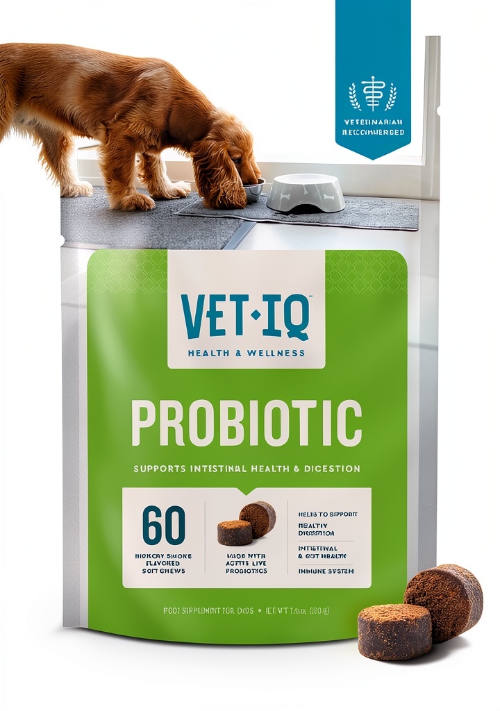 VetIQ probiotic chews for dogs on a kitchen counter