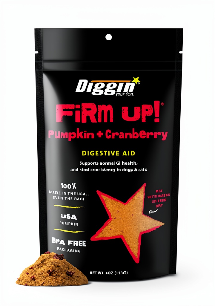 Diggin Your Dog Firm Up pumpkin supplement pouch with ingredients displayed