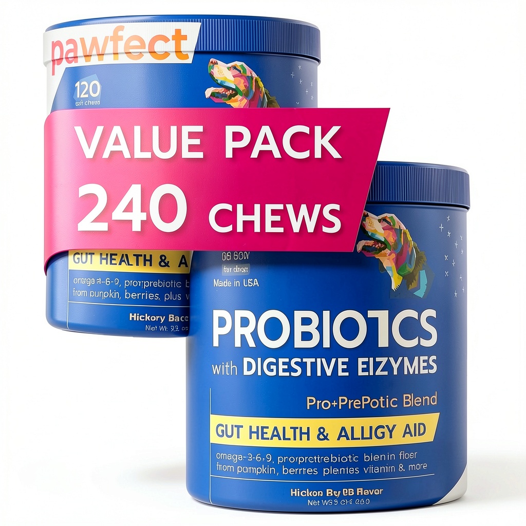 PawfectChew dog probiotics chews displayed on a pet feeding mat