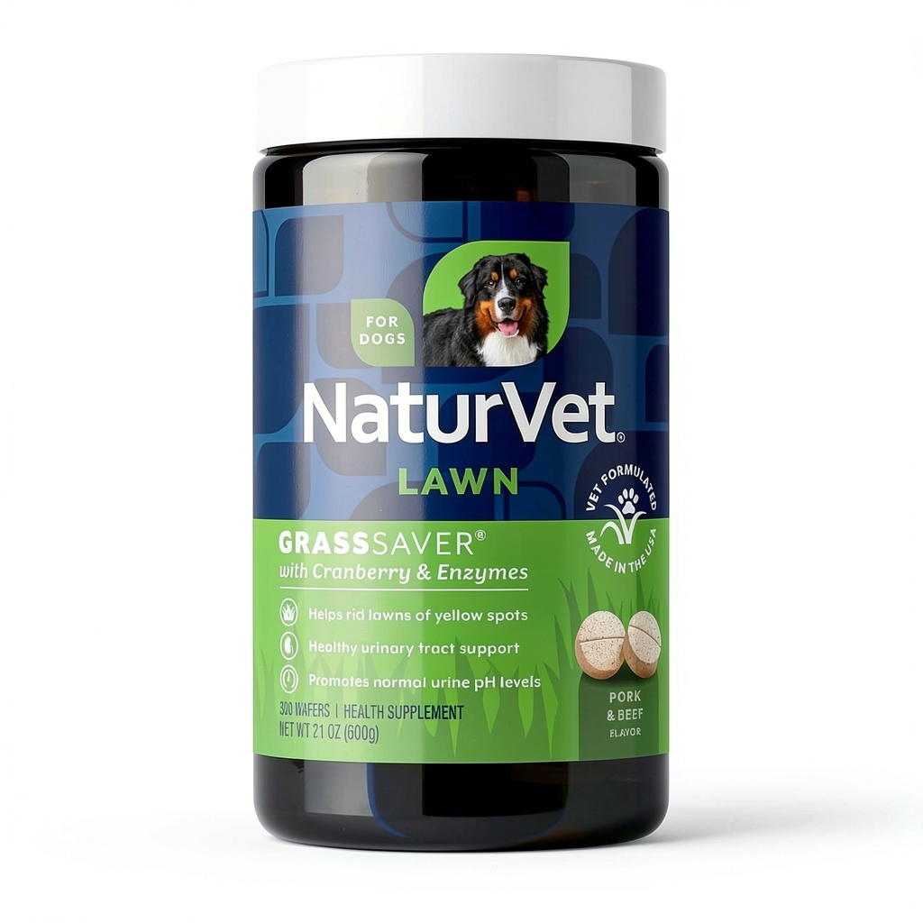 NaturVet GrassSaver dog supplement wafers on a green lawn