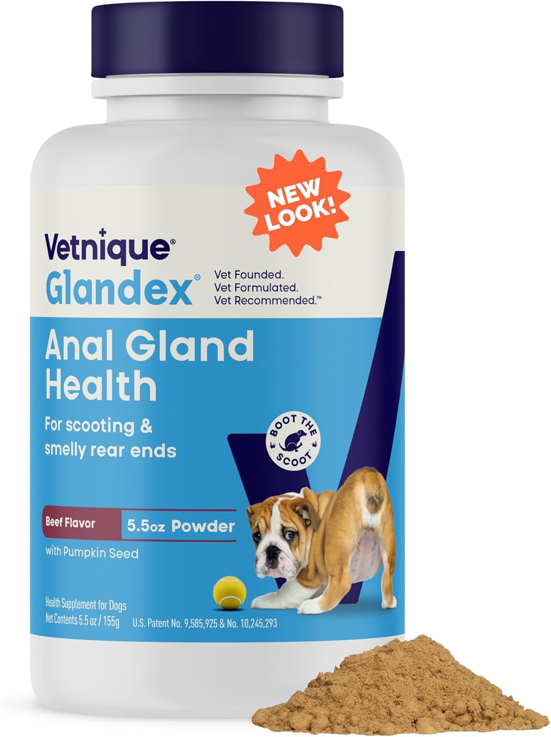 Dog receiving Glandex supplement beside a bowl of food