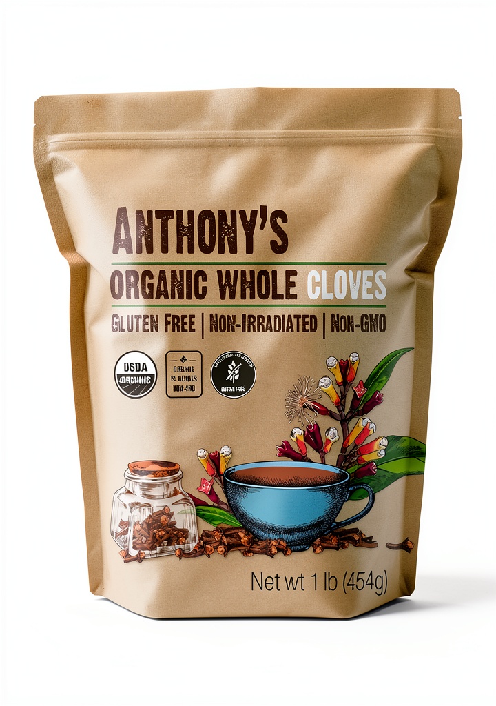 Whole organic cloves in a resealable bag displayed on a kitchen counter