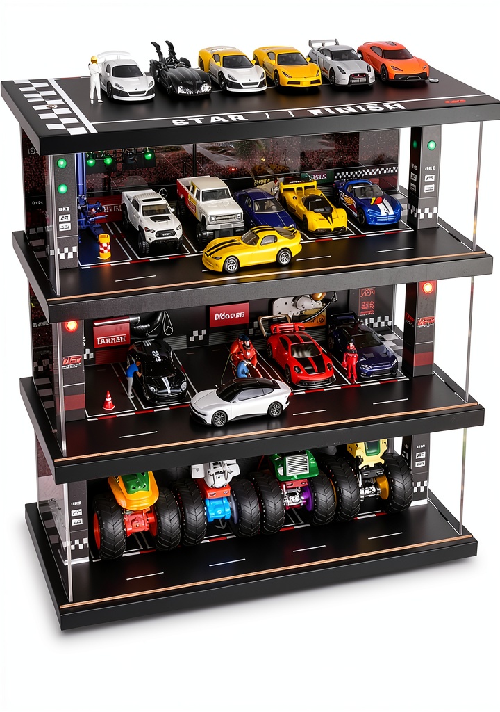 Waivvy toy garage illuminated on a child's bedroom shelf