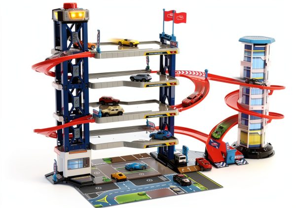 Dickie Toys Car Garage Play Set with Spiral Ramp, 4 Die‑Cast Cars-0