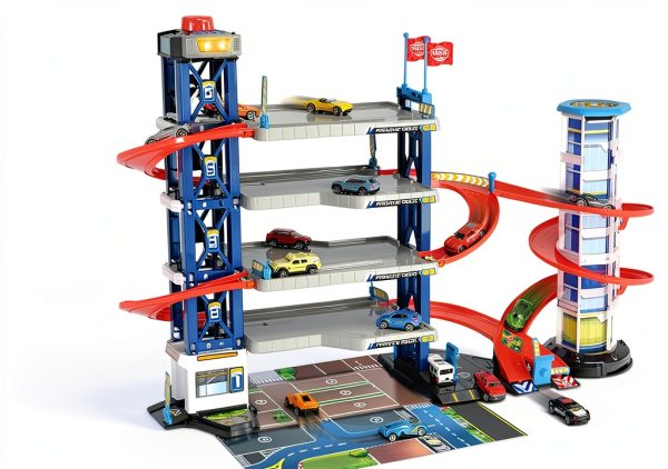 Dickie Toys Car Garage Play Set with Spiral Ramp, 4 Die‑Cast Cars-1